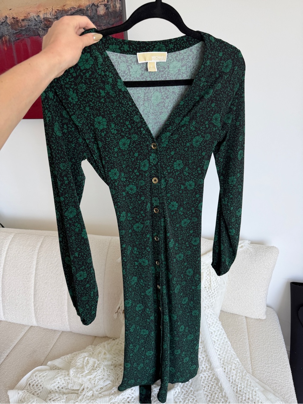 Michael Kors Dark Green Floral Button-Down Long Sleeve Dress